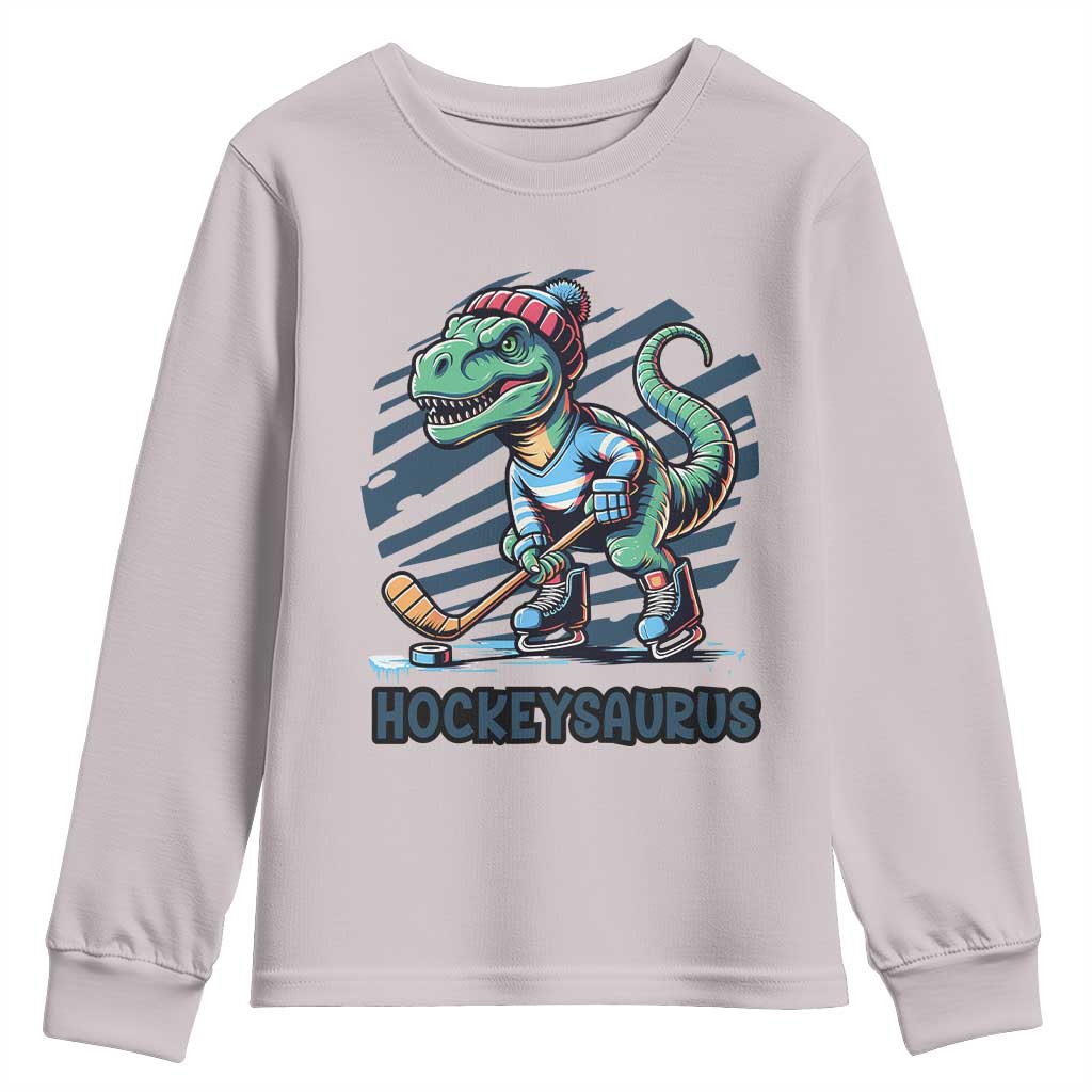 Funny Dinosaur Playing Ice Hockey Youth Sweatshirt Hockeysaurus Gift For Kids TS12 Ice Gray Print Your Wear