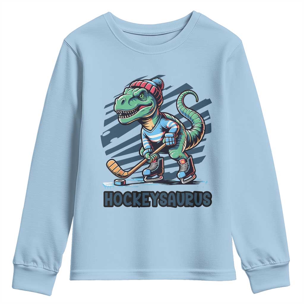 Funny Dinosaur Playing Ice Hockey Youth Sweatshirt Hockeysaurus Gift For Kids TS12 Light Blue Print Your Wear