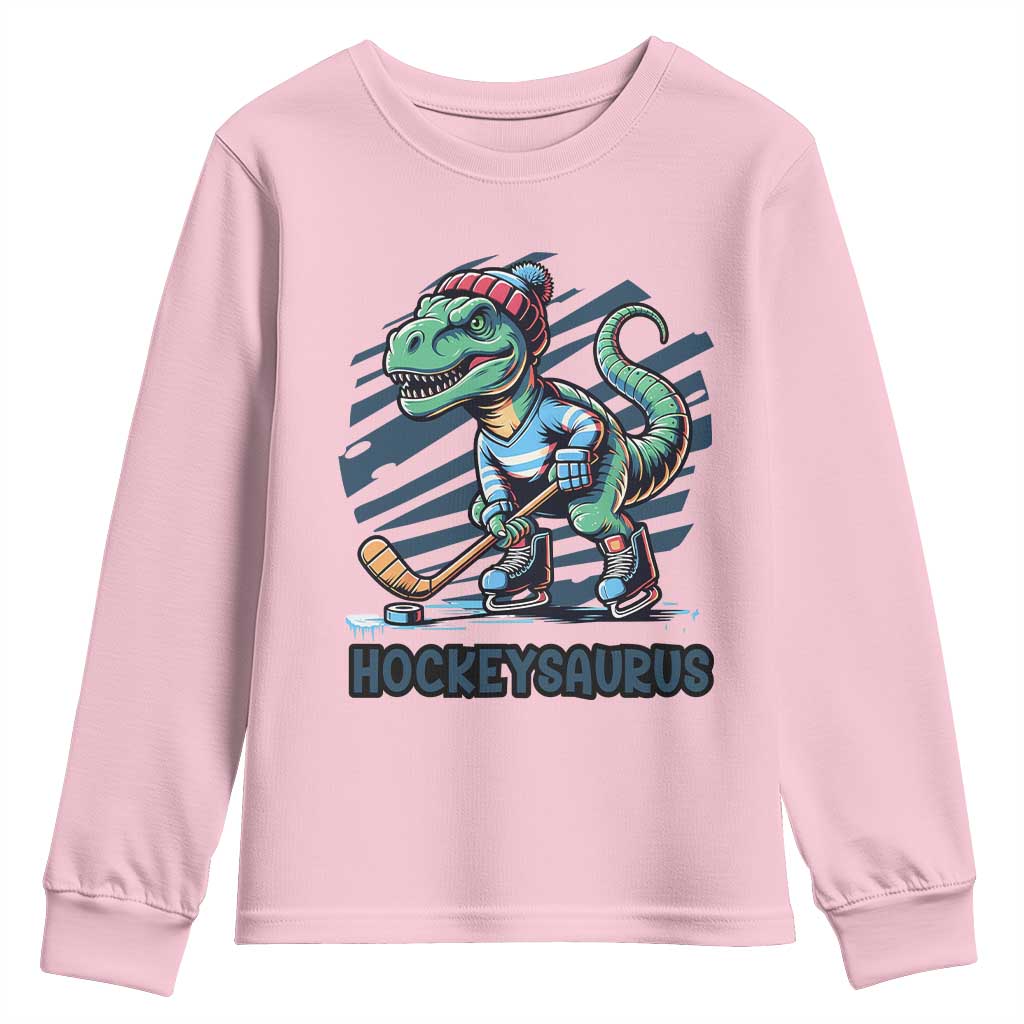 Funny Dinosaur Playing Ice Hockey Youth Sweatshirt Hockeysaurus Gift For Kids TS12 Light Pink Print Your Wear