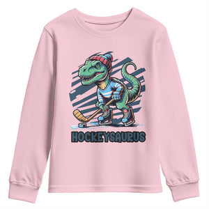 Funny Dinosaur Playing Ice Hockey Youth Sweatshirt Hockeysaurus Gift For Kids TS12 Light Pink Print Your Wear