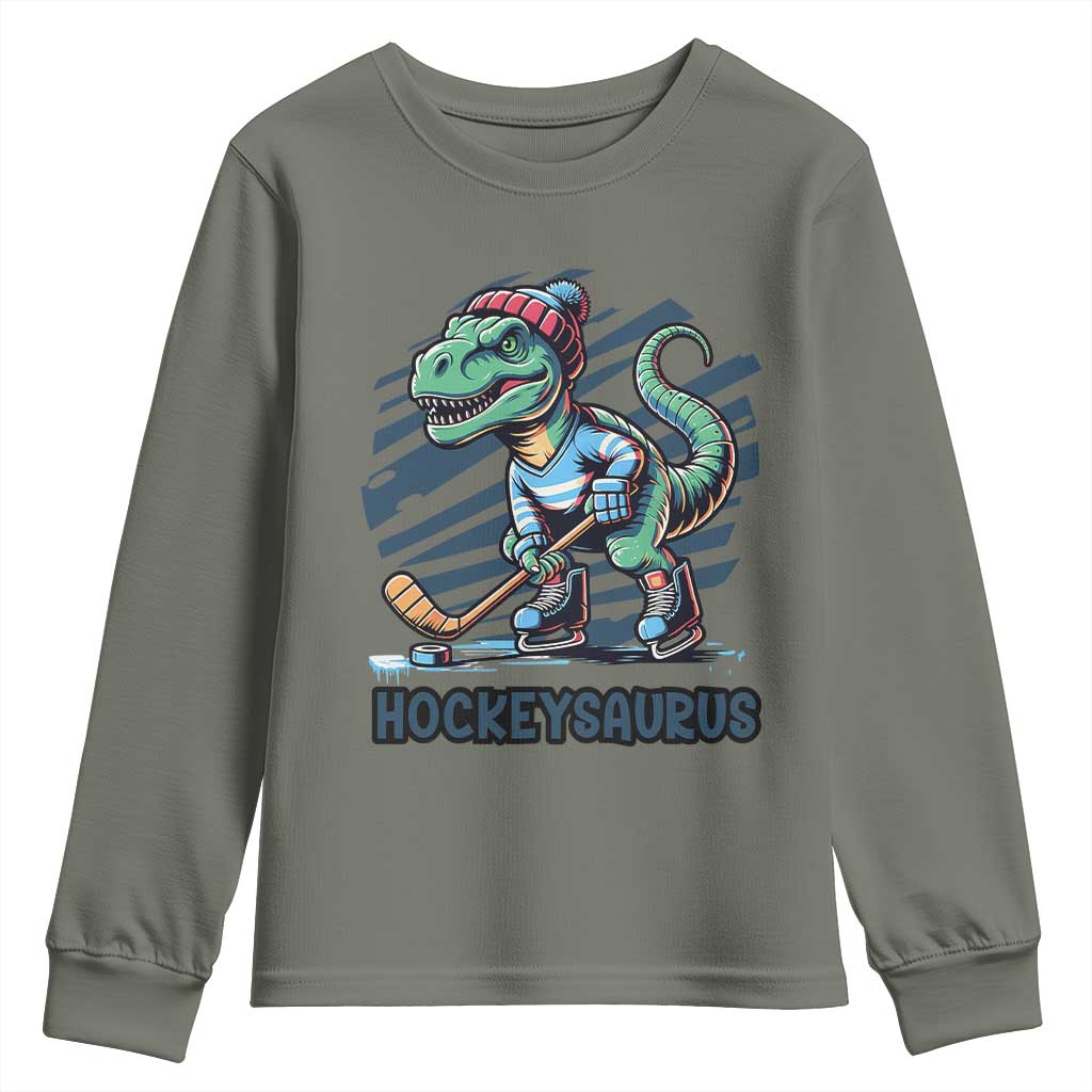 Funny Dinosaur Playing Ice Hockey Youth Sweatshirt Hockeysaurus Gift For Kids TS12 Military Green Print Your Wear
