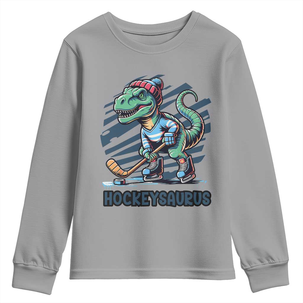 Funny Dinosaur Playing Ice Hockey Youth Sweatshirt Hockeysaurus Gift For Kids TS12 Sport Gray Print Your Wear