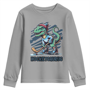 Funny Dinosaur Playing Ice Hockey Youth Sweatshirt Hockeysaurus Gift For Kids TS12 Sport Gray Print Your Wear