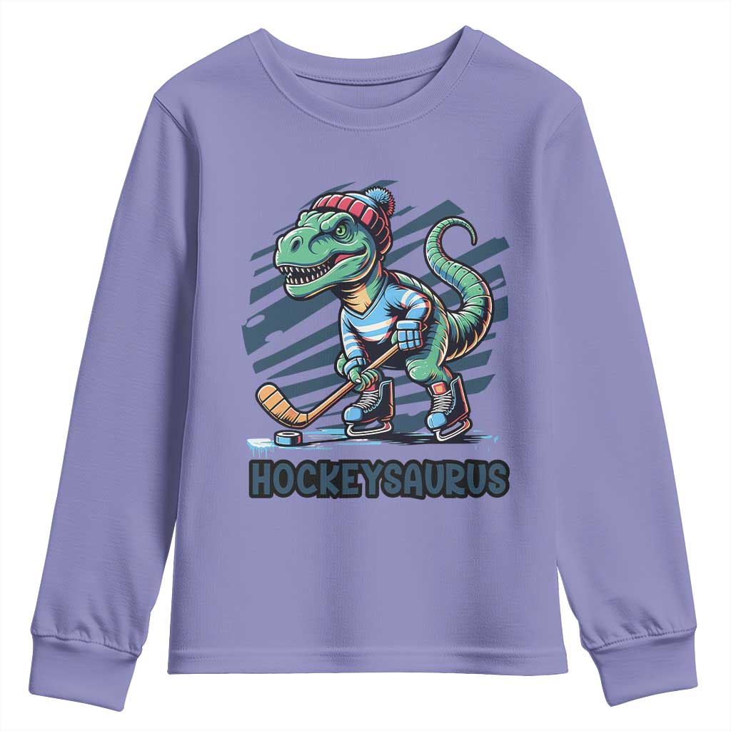 Funny Dinosaur Playing Ice Hockey Youth Sweatshirt Hockeysaurus Gift For Kids TS12 Violet Print Your Wear