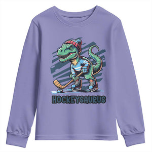 Funny Dinosaur Playing Ice Hockey Youth Sweatshirt Hockeysaurus Gift For Kids TS12 Violet Print Your Wear