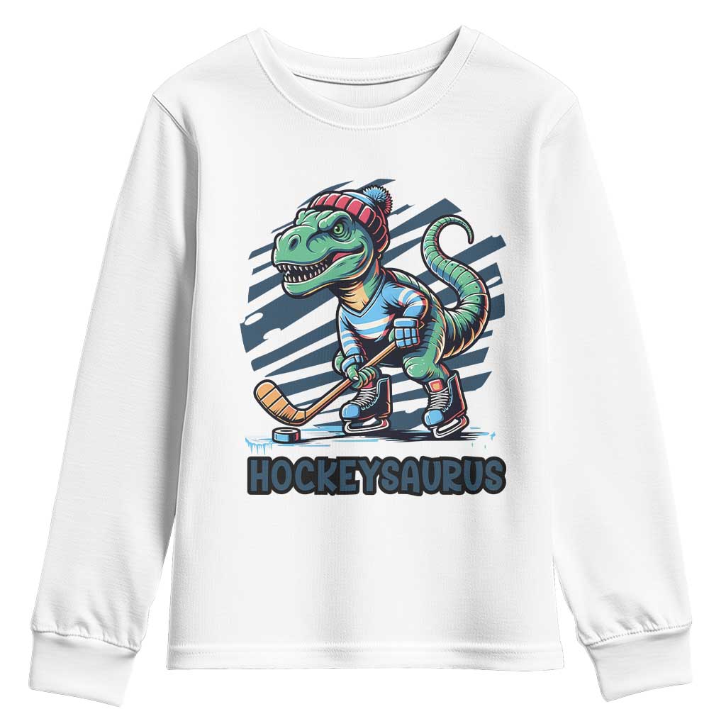 Funny Dinosaur Playing Ice Hockey Youth Sweatshirt Hockeysaurus Gift For Kids TS12 White Print Your Wear