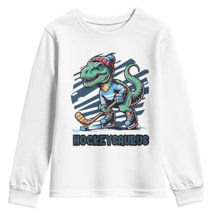 Funny Dinosaur Playing Ice Hockey Youth Sweatshirt Hockeysaurus Gift For Kids TS12 White Print Your Wear