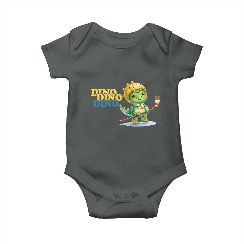 Funny Dinosaur Playing Ice Hockey Baby Onesie Gift For Dino Lovers TS12 Dark Heather Print Your Wear