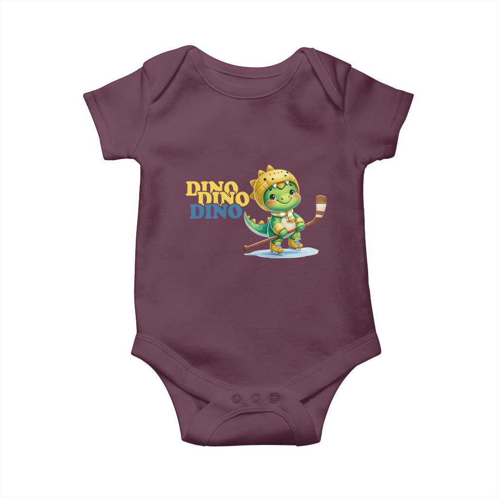 Funny Dinosaur Playing Ice Hockey Baby Onesie Gift For Dino Lovers TS12 Maroon Print Your Wear
