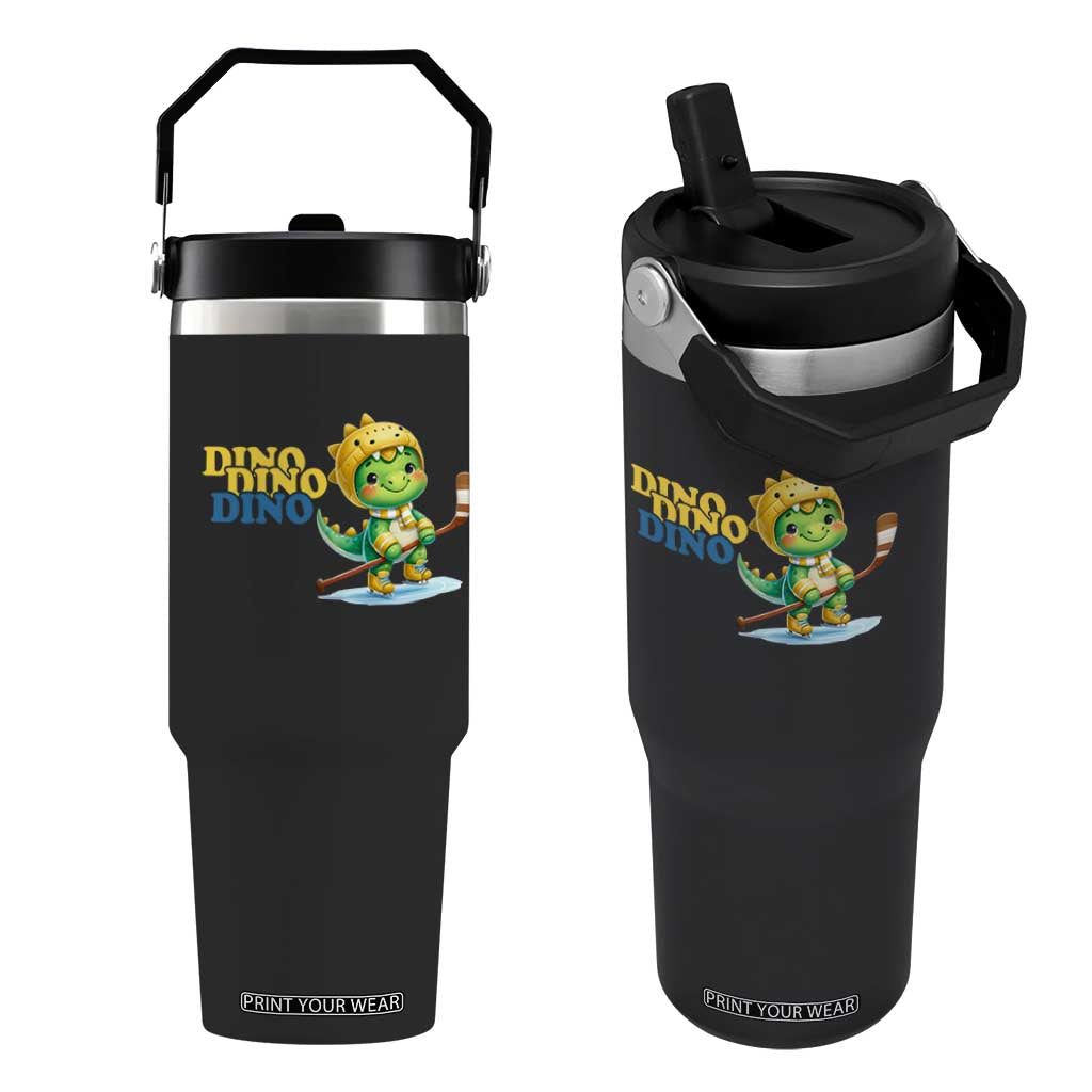 Funny Dinosaur Playing Ice Hockey Flip Straw Tumbler Gift For Dino Lovers TS12 One Size: 30 oz Black Print Your Wear