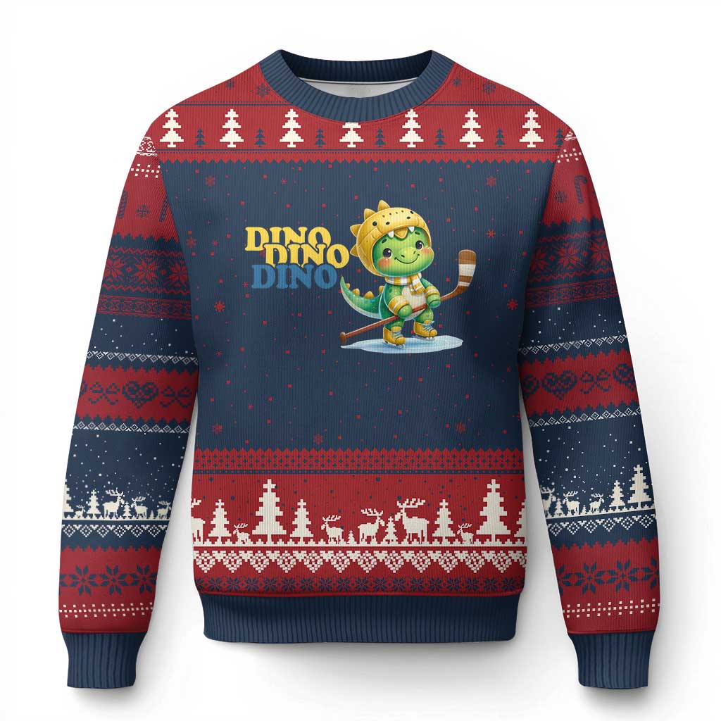 Funny Dinosaur Playing Ice Hockey Ugly Christmas Sweater Gift For Dino Lovers TS12 Navy Red Print Your Wear
