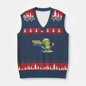 Funny Dinosaur Playing Ice Hockey V-Neck Knit Sweater Vest Gift For Dino Lovers TS12 Navy Red Print Your Wear