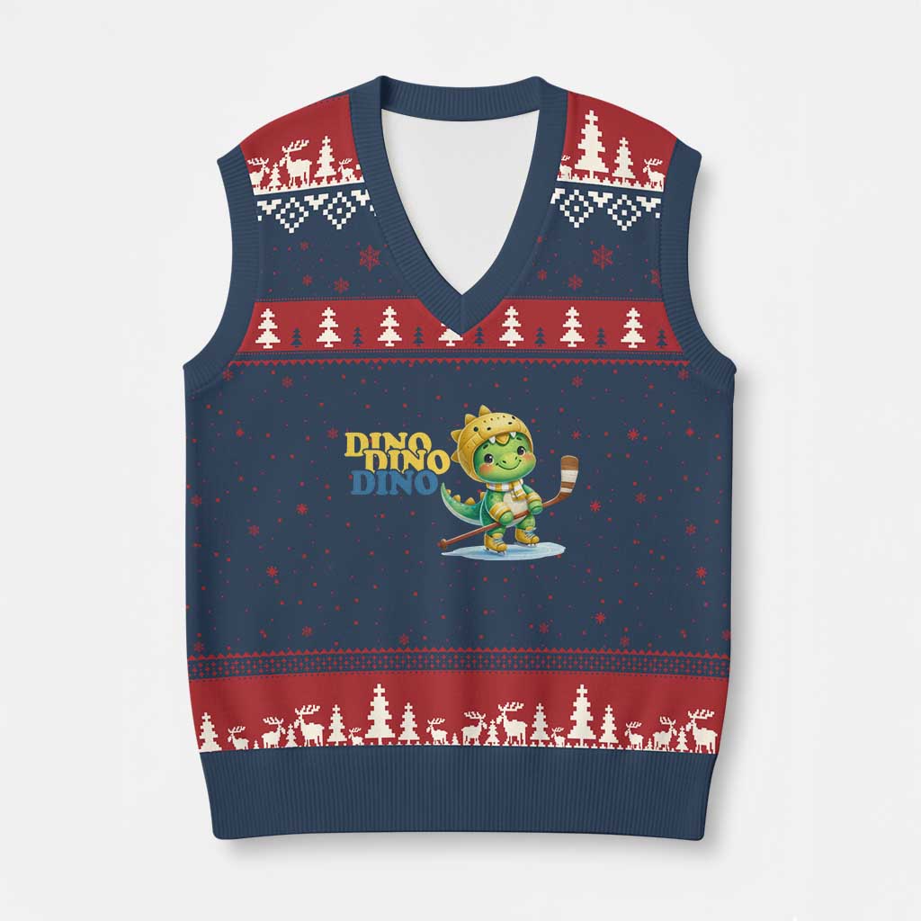 Funny Dinosaur Playing Ice Hockey V-Neck Knit Sweater Vest Gift For Dino Lovers TS12 Navy Red Print Your Wear