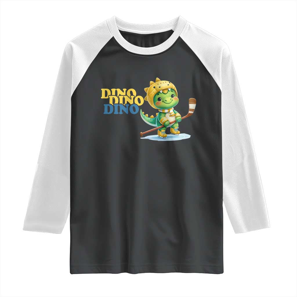 Funny Dinosaur Playing Ice Hockey Raglan Shirt Gift For Dino Lovers TS12 Black White Print Your Wear