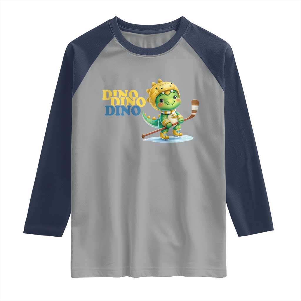 Funny Dinosaur Playing Ice Hockey Raglan Shirt Gift For Dino Lovers TS12 Sport Gray Navy Print Your Wear