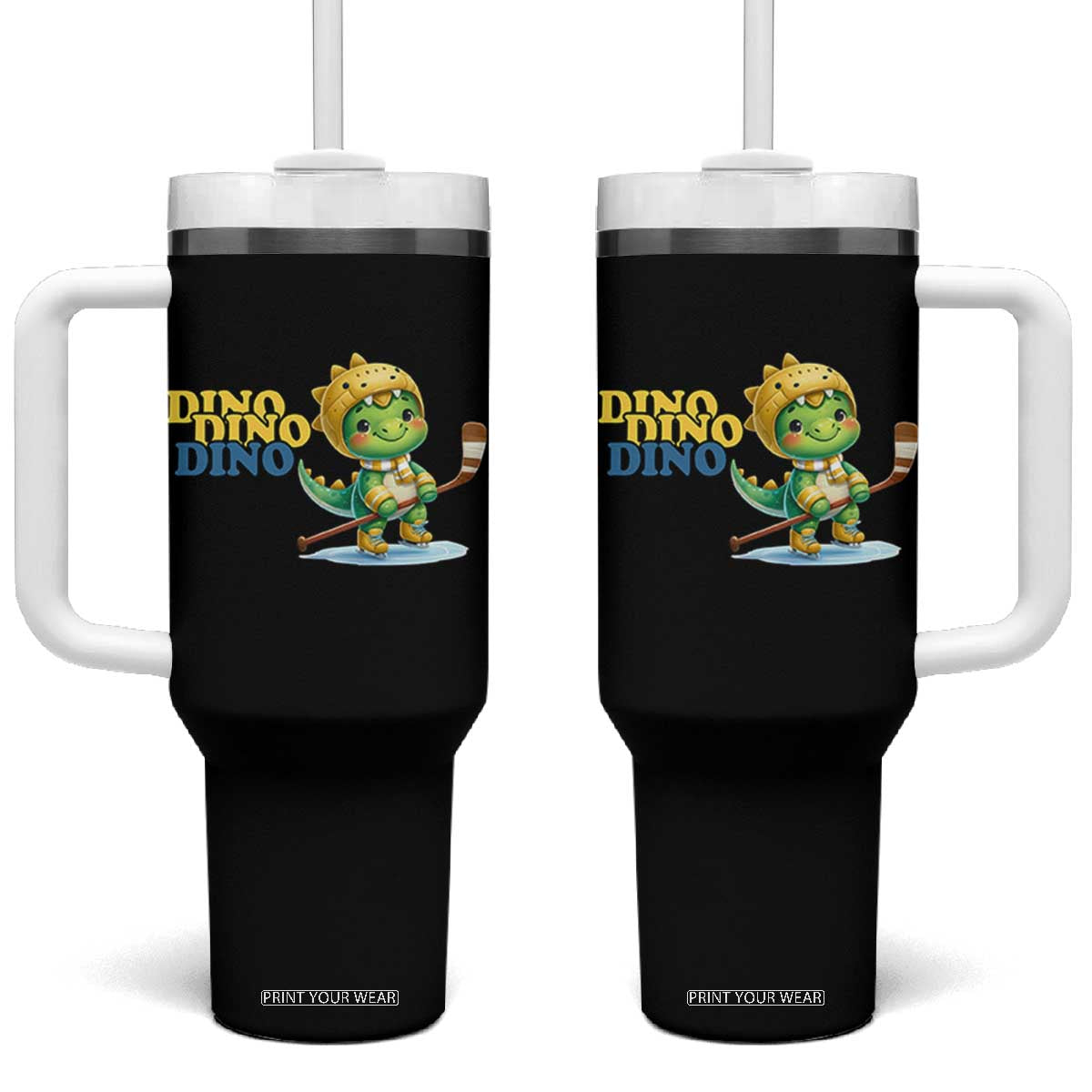 Funny Dinosaur Playing Ice Hockey Tumbler With Handle Gift For Dino Lovers TS12 One Size: 40 oz Black Print Your Wear