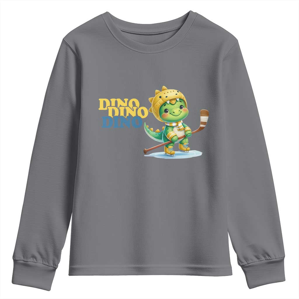 Funny Dinosaur Playing Ice Hockey Youth Sweatshirt Gift For Dino Lovers TS12 Charcoal Print Your Wear