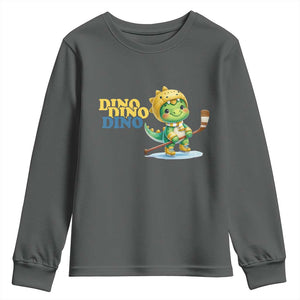 Funny Dinosaur Playing Ice Hockey Youth Sweatshirt Gift For Dino Lovers TS12 Dark Heather Print Your Wear