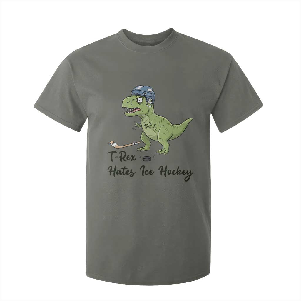 Dino Hates Ice Hockey T Shirt For Kid Funny Ice Sports Dinosaur Gift TS12 Military Green Print Your Wear