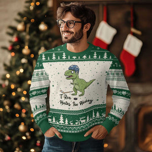Dino Hates Ice Hockey Ugly Christmas Sweater Funny Ice Sports Dinosaur Gift TS12 Beige Green Print Your Wear