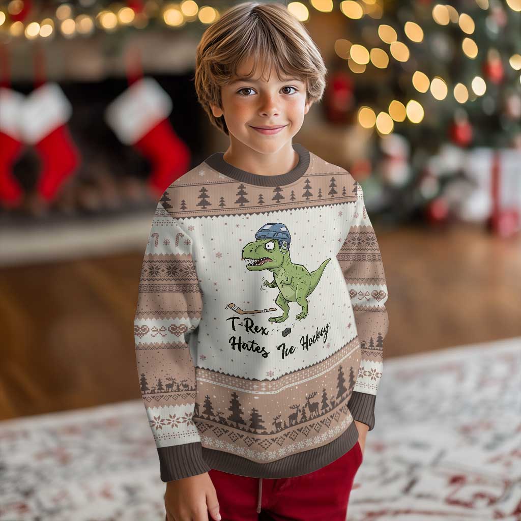 Dino Hates Ice Hockey Ugly Christmas Sweater Funny Ice Sports Dinosaur Gift TS12 Mocha Mousse Print Your Wear
