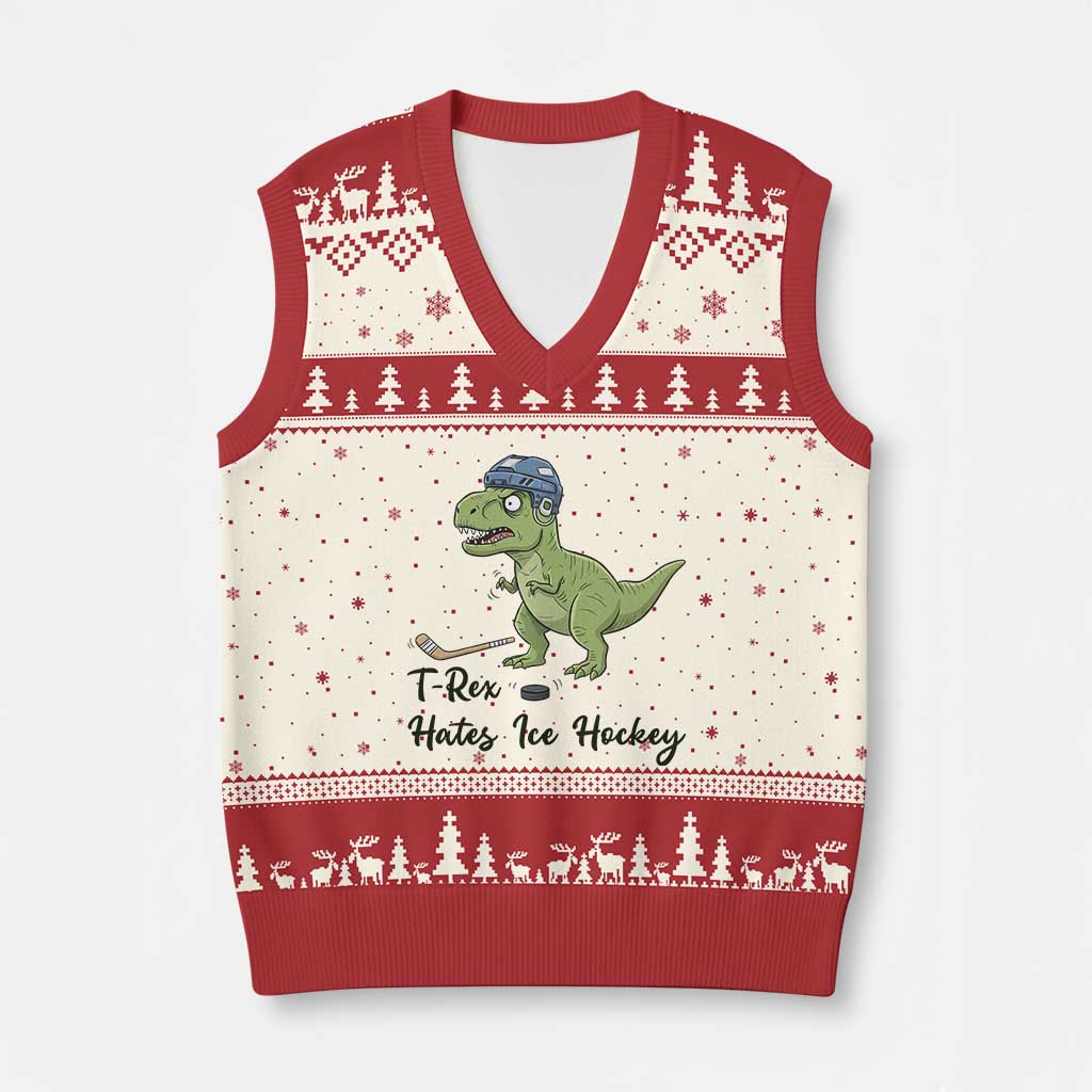 Dino Hates Ice Hockey V-Neck Knit Sweater Vest Funny Ice Sports Dinosaur Gift TS12 Beige Red Print Your Wear