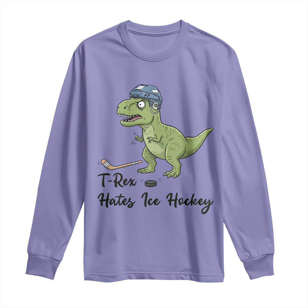 Dino Hates Ice Hockey Long Sleeve Shirt Funny Ice Sports Dinosaur Gift TS12 Violet Print Your Wear