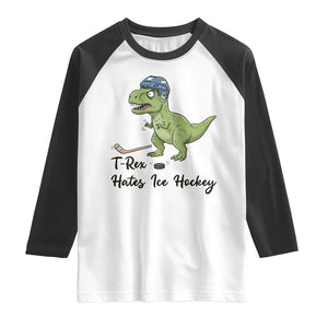 Dino Hates Ice Hockey Raglan Shirt Funny Ice Sports Dinosaur Gift TS12 White Black Print Your Wear