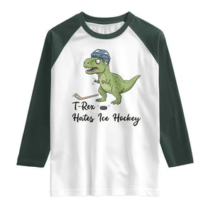 Dino Hates Ice Hockey Raglan Shirt Funny Ice Sports Dinosaur Gift TS12 White Dark Forest Green Print Your Wear