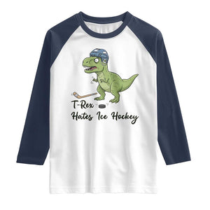 Dino Hates Ice Hockey Raglan Shirt Funny Ice Sports Dinosaur Gift TS12 White Navy Print Your Wear