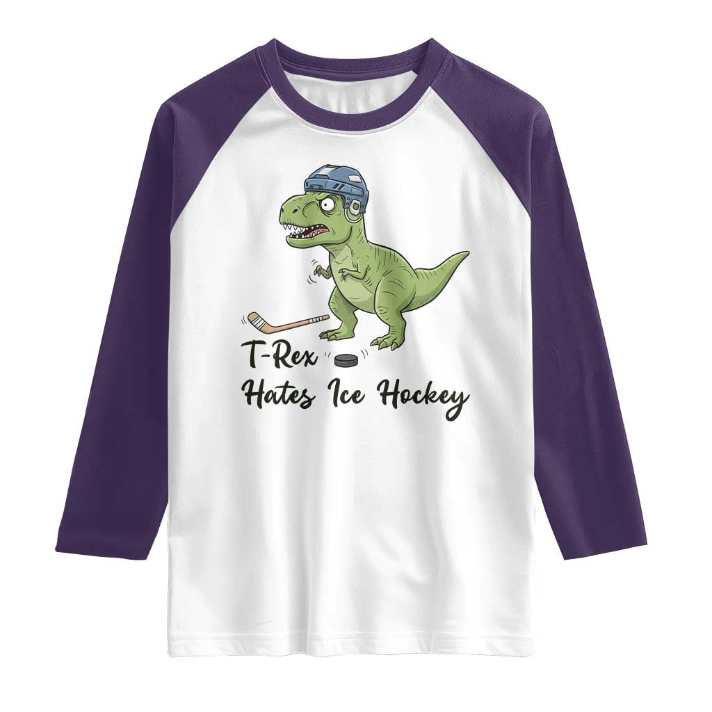 Dino Hates Ice Hockey Raglan Shirt Funny Ice Sports Dinosaur Gift TS12 White Purple Print Your Wear