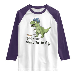 Dino Hates Ice Hockey Raglan Shirt Funny Ice Sports Dinosaur Gift TS12 White Purple Print Your Wear