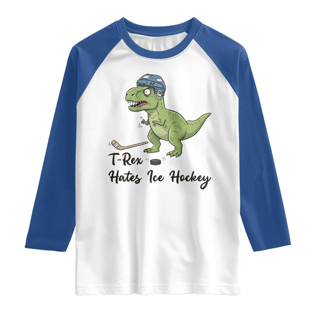 Dino Hates Ice Hockey Raglan Shirt Funny Ice Sports Dinosaur Gift TS12 White Royal Print Your Wear