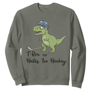 Dino Hates Ice Hockey Sweatshirt Funny Ice Sports Dinosaur Gift TS12 Military Green Print Your Wear