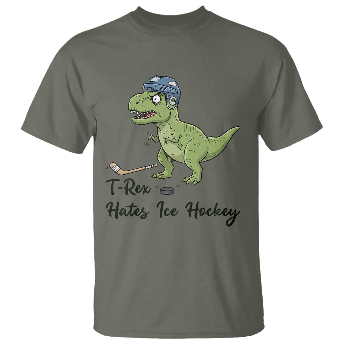 Dino Hates Ice Hockey T Shirt Funny Ice Sports Dinosaur Gift TS12 Military Green Print Your Wear