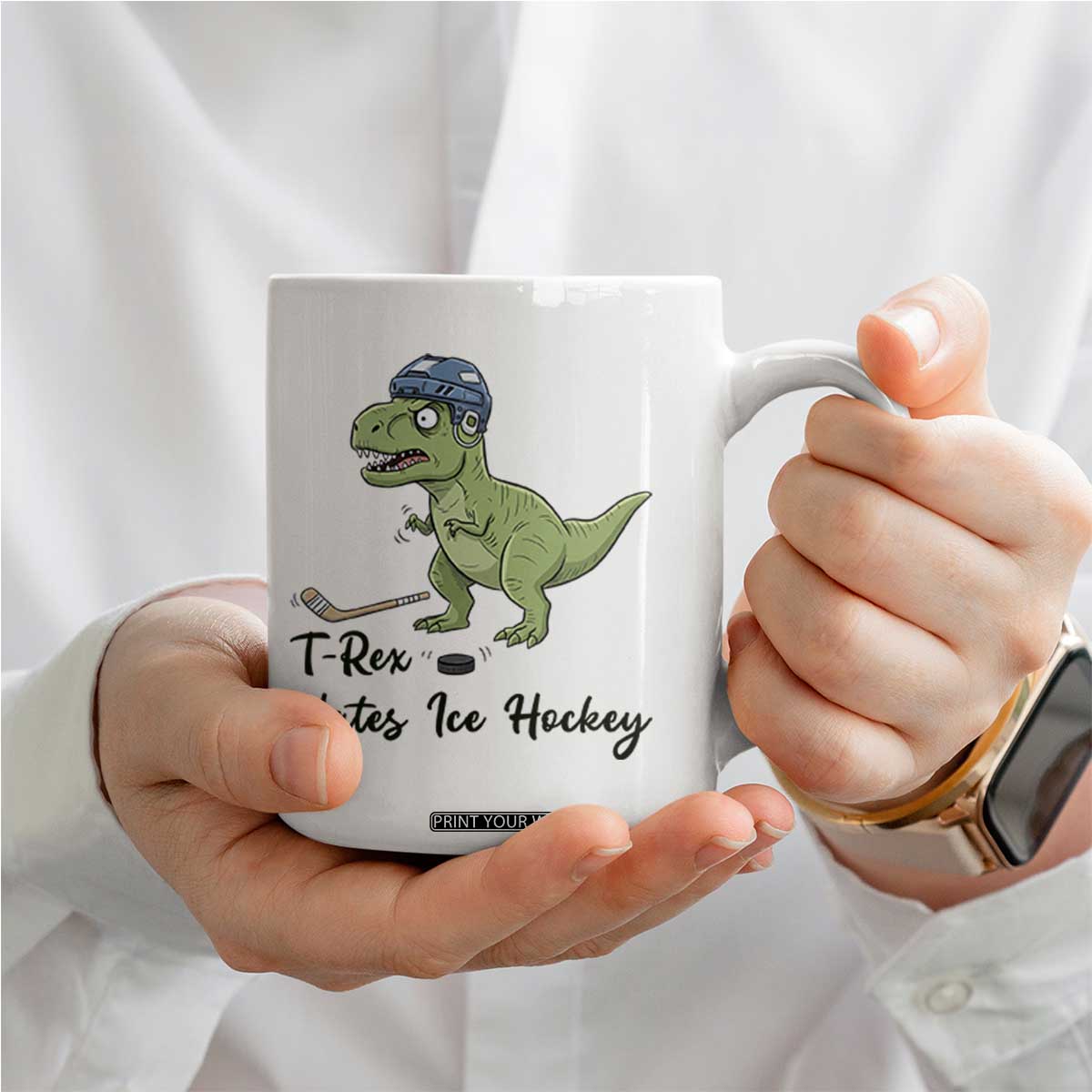 Dino Hates Ice Hockey Coffee Mug Funny Ice Sports Dinosaur Gift TS12 Print Your Wear