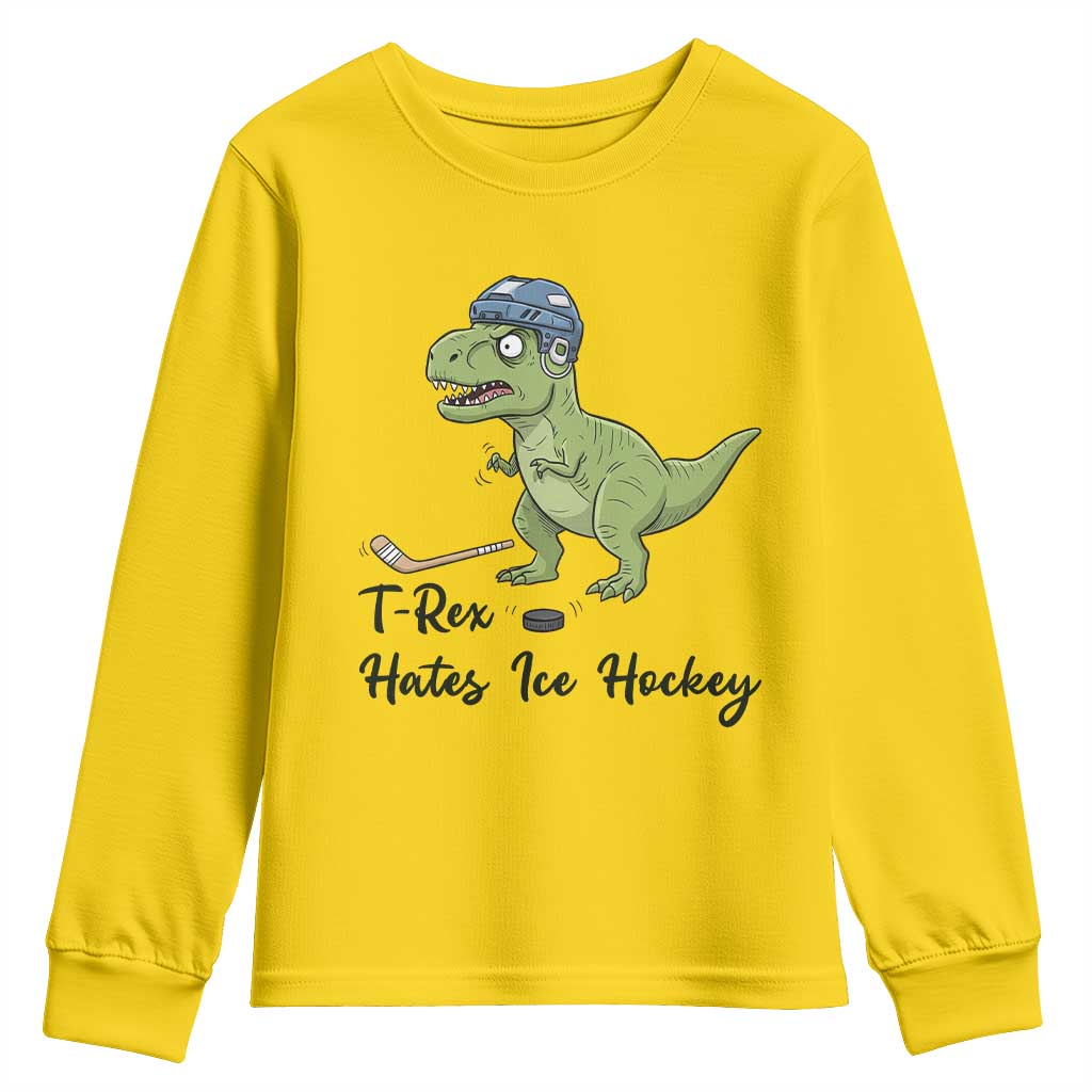 Dino Hates Ice Hockey Youth Sweatshirt Funny Ice Sports Dinosaur Gift TS12 Daisy Print Your Wear
