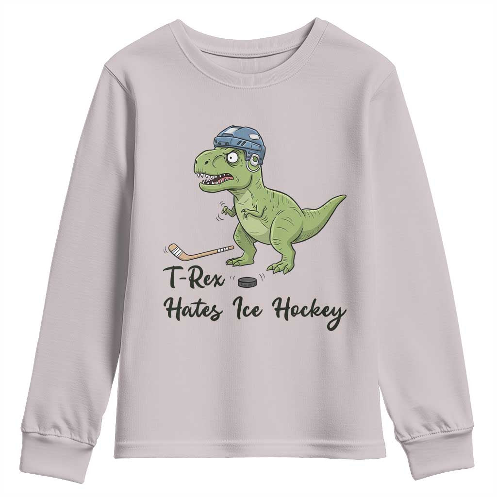 Dino Hates Ice Hockey Youth Sweatshirt Funny Ice Sports Dinosaur Gift TS12 Ice Gray Print Your Wear