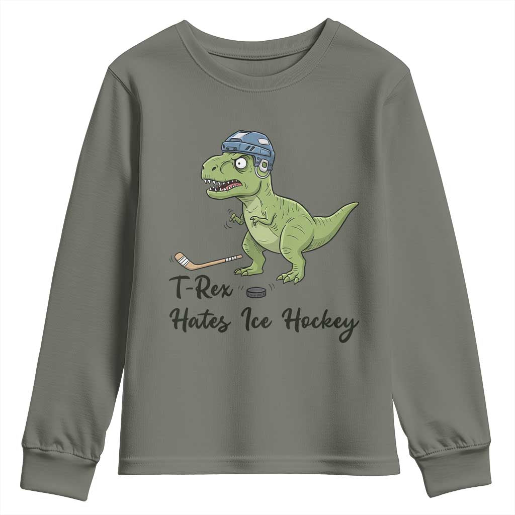 Dino Hates Ice Hockey Youth Sweatshirt Funny Ice Sports Dinosaur Gift TS12 Military Green Print Your Wear