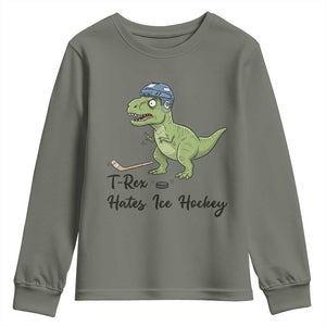 Dino Hates Ice Hockey Youth Sweatshirt Funny Ice Sports Dinosaur Gift TS12 Military Green Print Your Wear