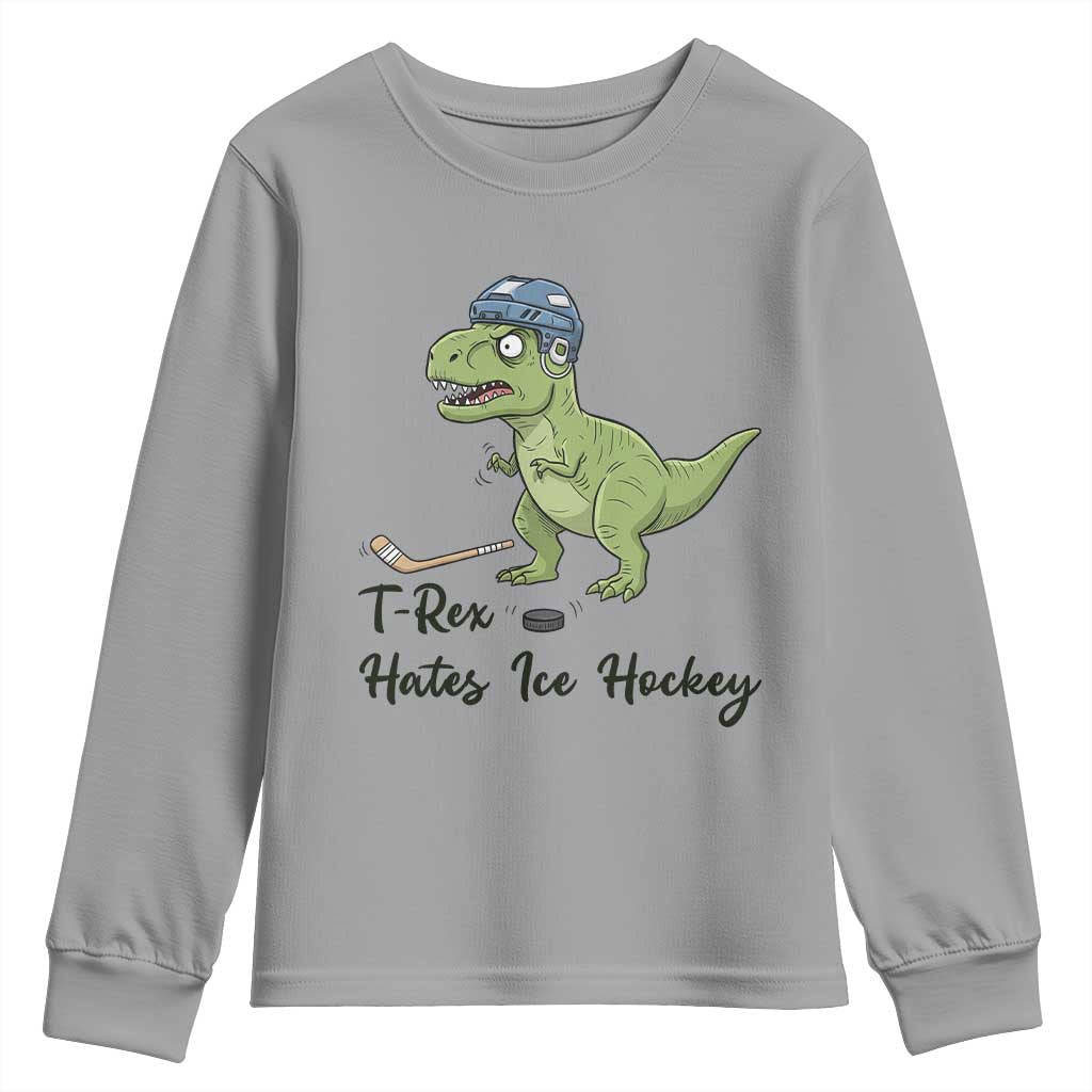 Dino Hates Ice Hockey Youth Sweatshirt Funny Ice Sports Dinosaur Gift TS12 Sport Gray Print Your Wear