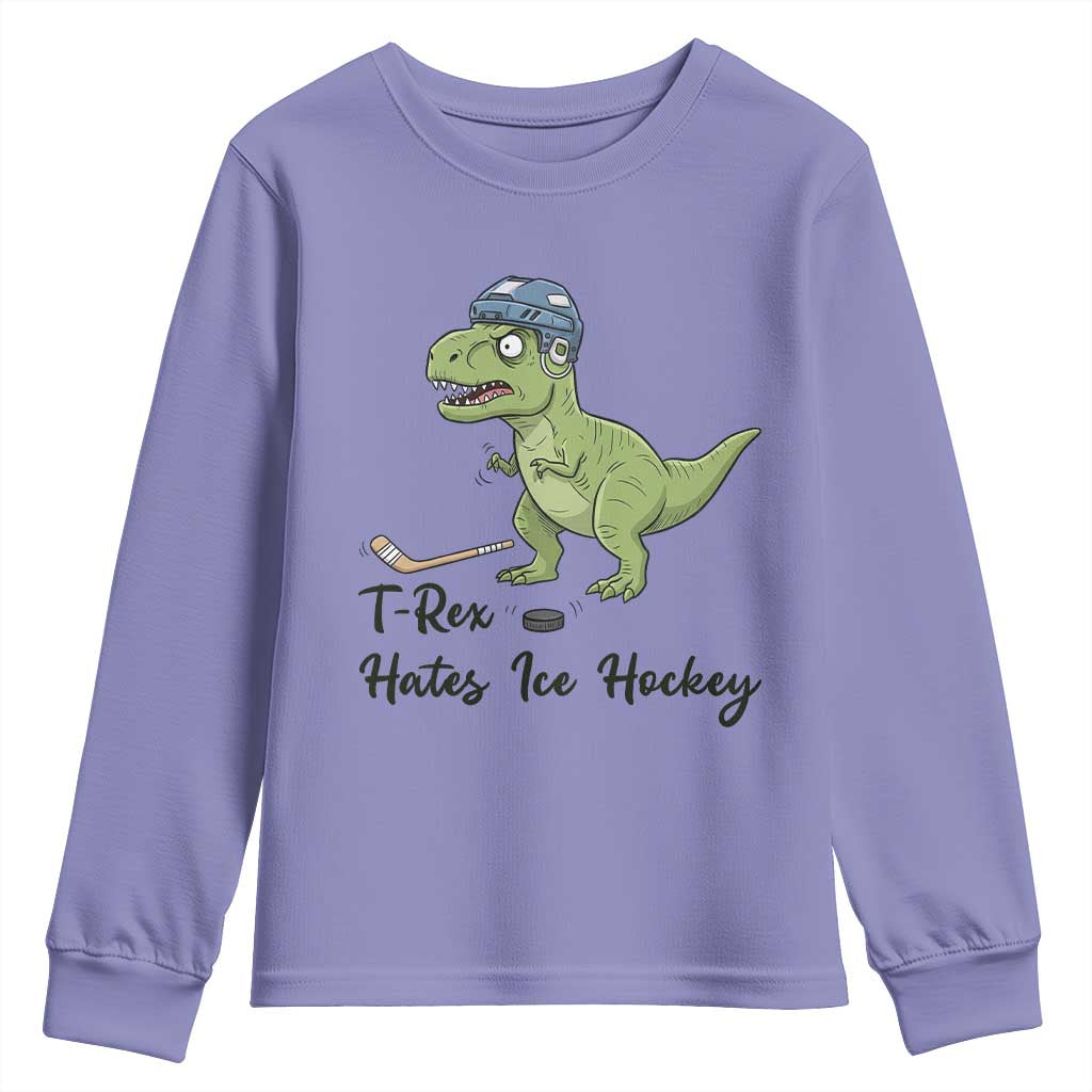 Dino Hates Ice Hockey Youth Sweatshirt Funny Ice Sports Dinosaur Gift TS12 Violet Print Your Wear