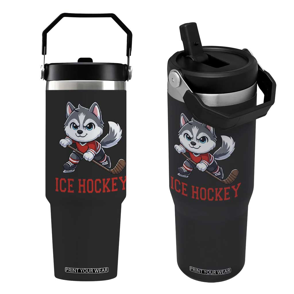 Funny Husky Playing Ice Hockey Flip Straw Tumbler Gift For Dog Lovers TS12 One Size: 30 oz Black Print Your Wear