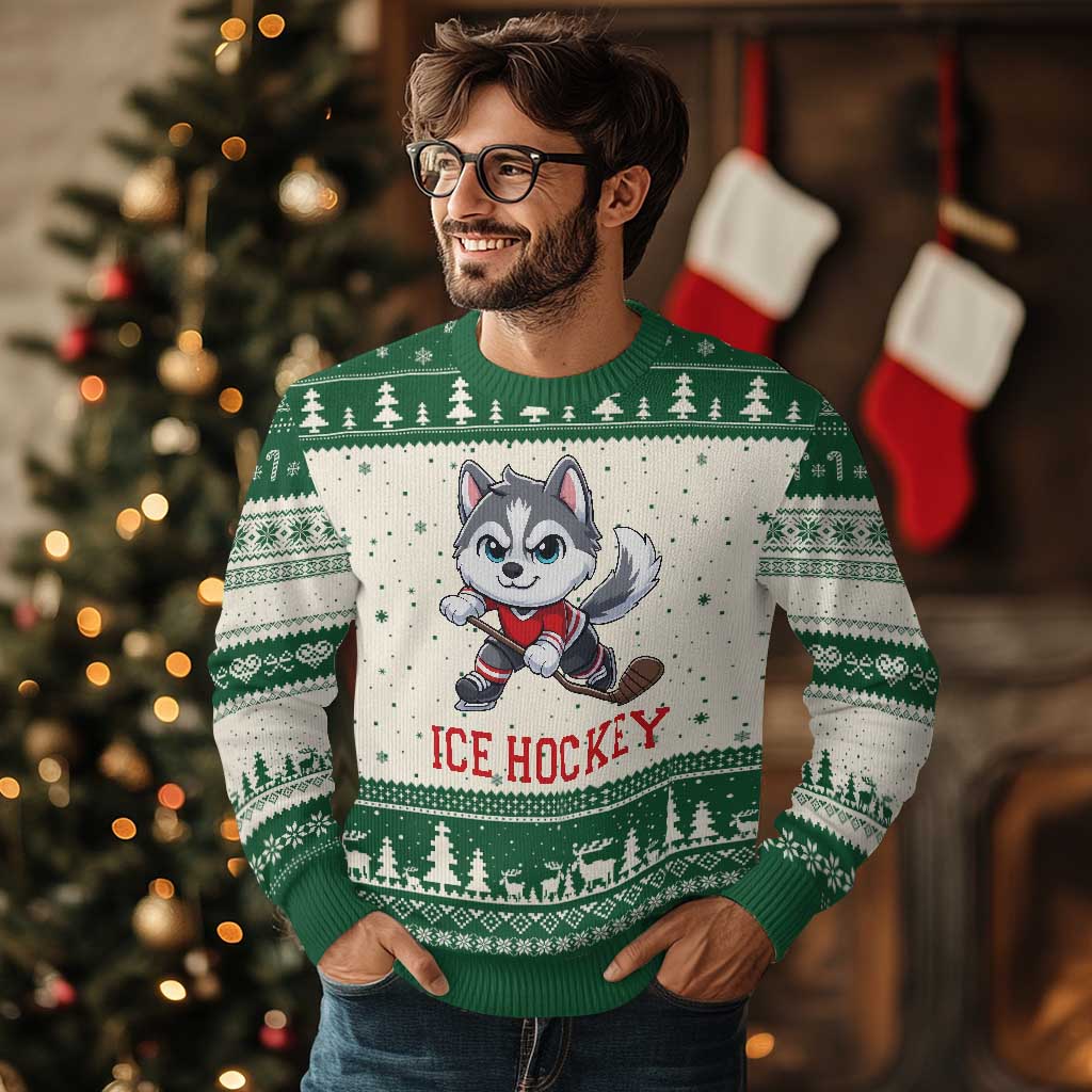 Funny Husky Playing Ice Hockey Ugly Christmas Sweater Gift For Dog Lovers TS12 Beige Green Print Your Wear
