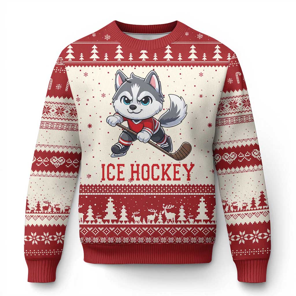 Funny Husky Playing Ice Hockey Ugly Christmas Sweater Gift For Dog Lovers TS12 Beige Red Print Your Wear