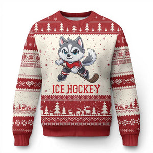 Funny Husky Playing Ice Hockey Ugly Christmas Sweater Gift For Dog Lovers TS12 Beige Red Print Your Wear