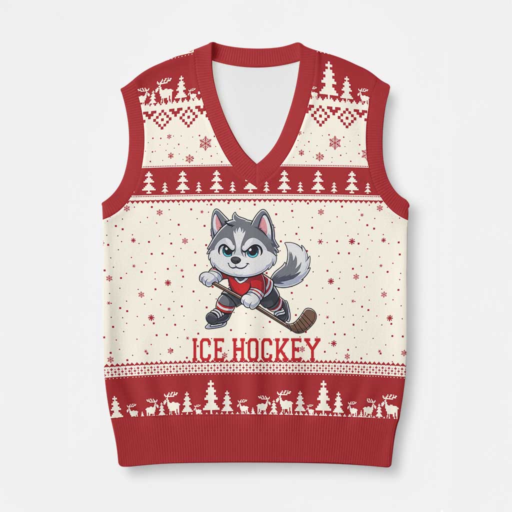 Funny Husky Playing Ice Hockey V-Neck Knit Sweater Vest Gift For Dog Lovers TS12 Beige Red Print Your Wear