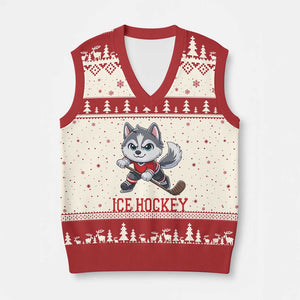 Funny Husky Playing Ice Hockey V-Neck Knit Sweater Vest Gift For Dog Lovers TS12 Beige Red Print Your Wear