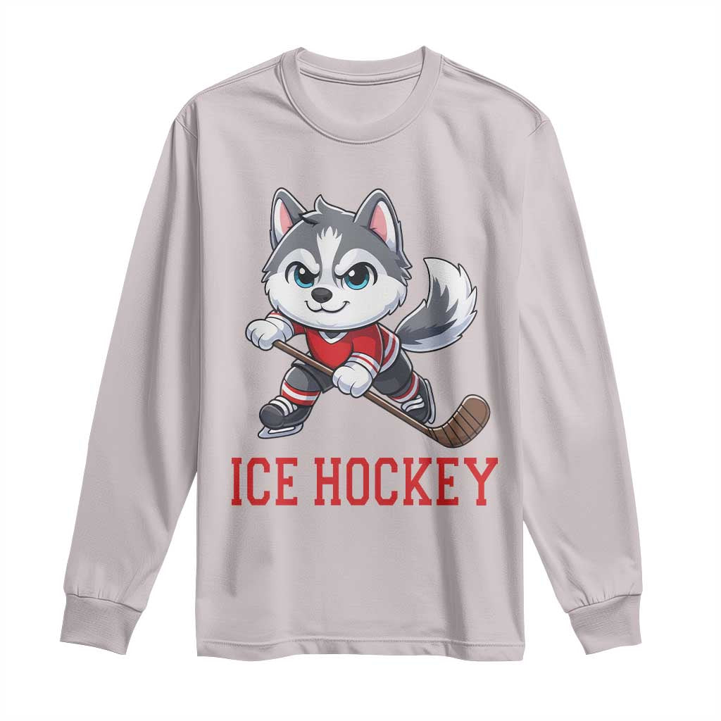 Funny Husky Playing Ice Hockey Long Sleeve Shirt Gift For Dog Lovers TS12 Ice Gray Print Your Wear