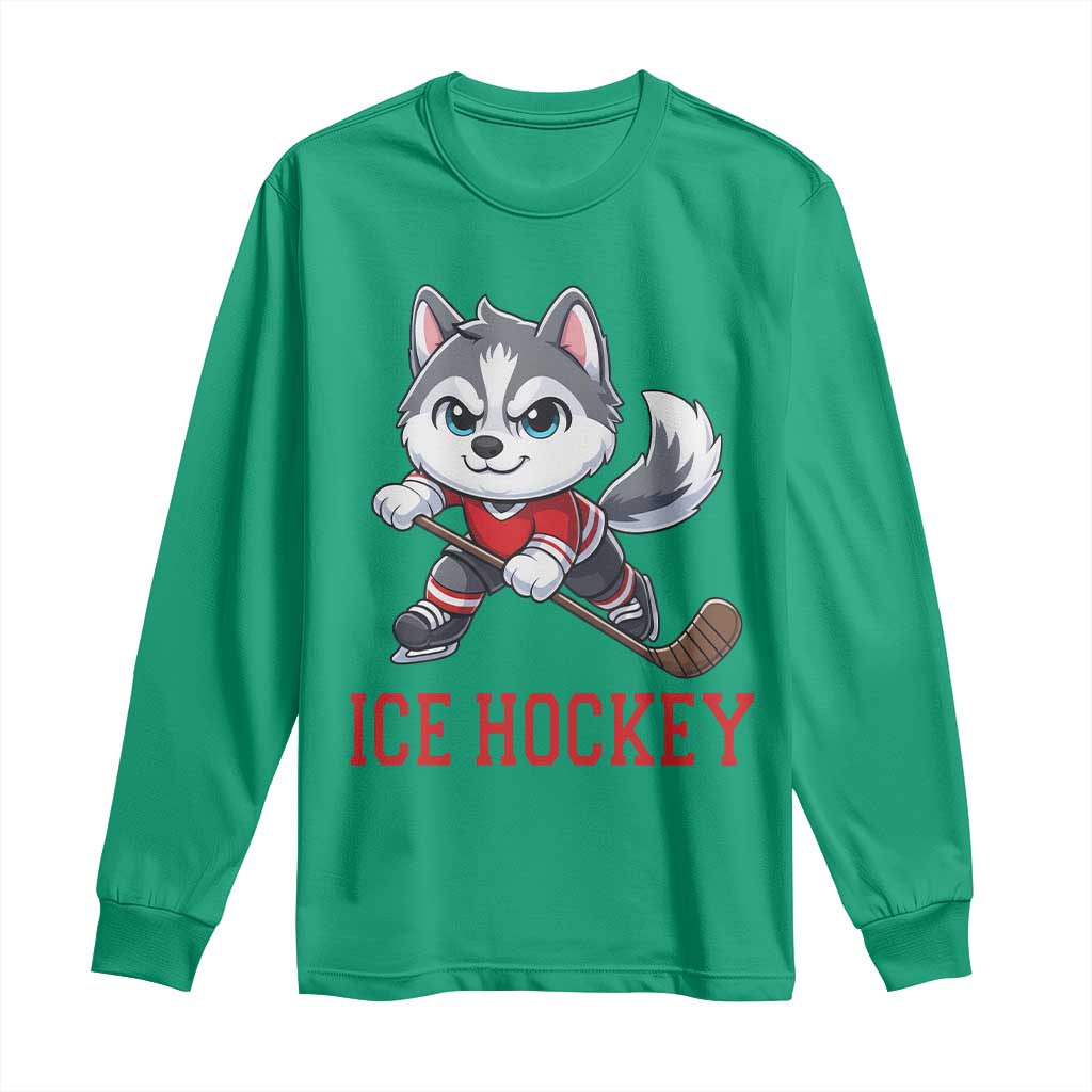 Funny Husky Playing Ice Hockey Long Sleeve Shirt Gift For Dog Lovers TS12 Irish Green Print Your Wear